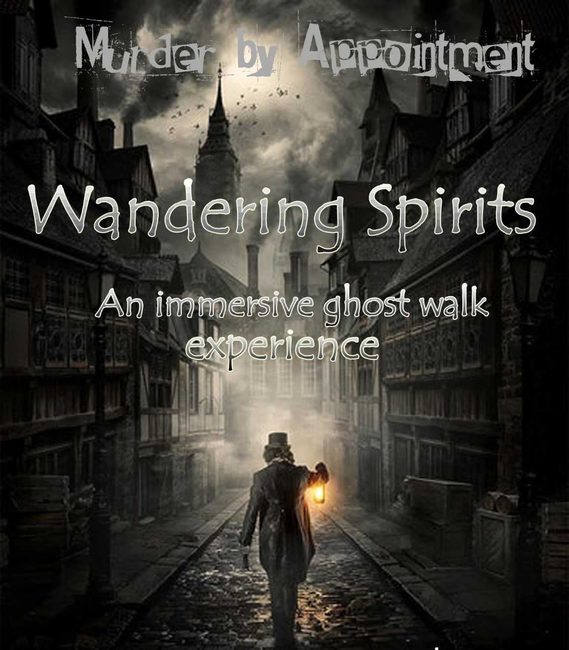 dark poster with a dark figure and white smoke and a dark street 