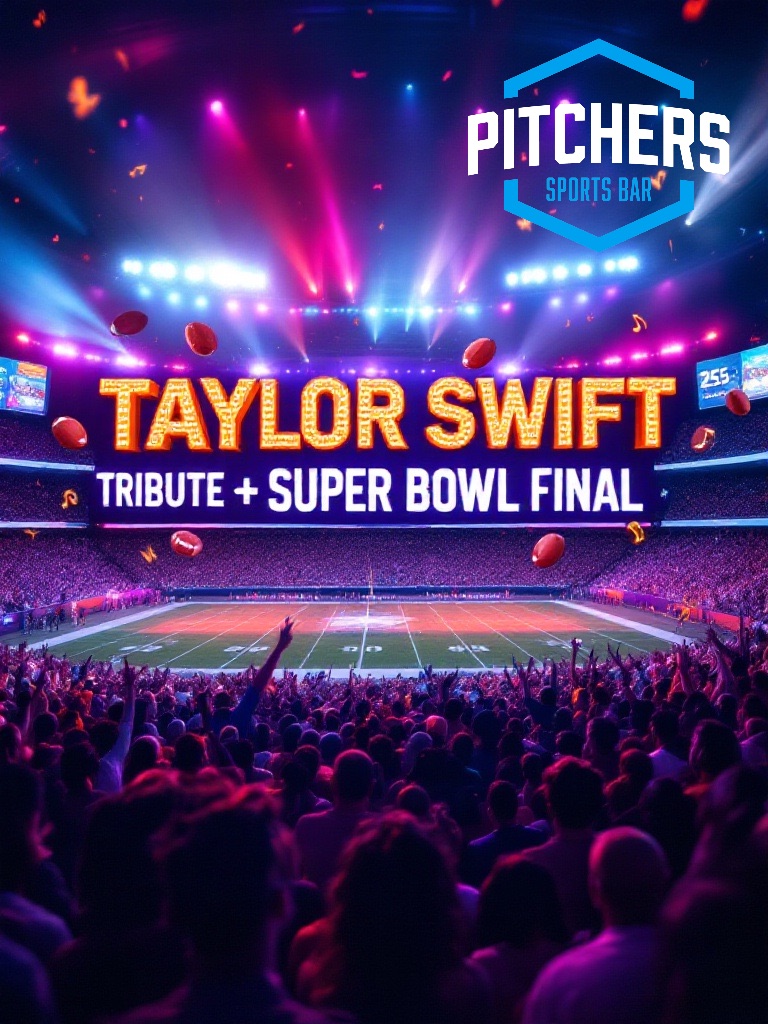 poster in dark blue and purple of people at a super bowl game and Taylor Swift text