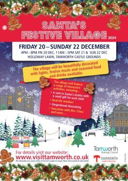 festive poster showing a snowy night sky, castle. Assembly Rooms, trees and text about the festive village event