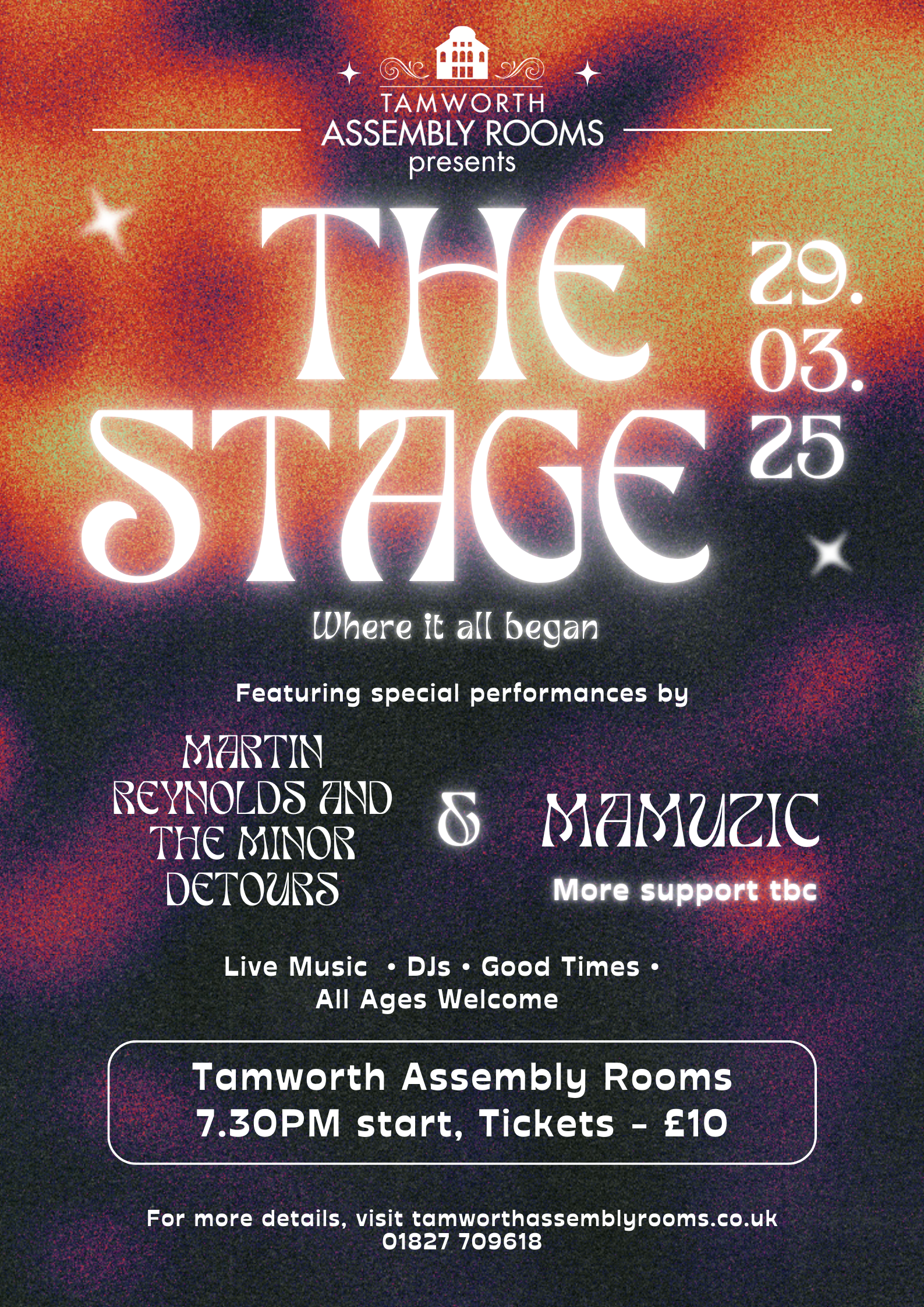 poster with a dark and orange background with lettering 'The Stage' and details of the bands