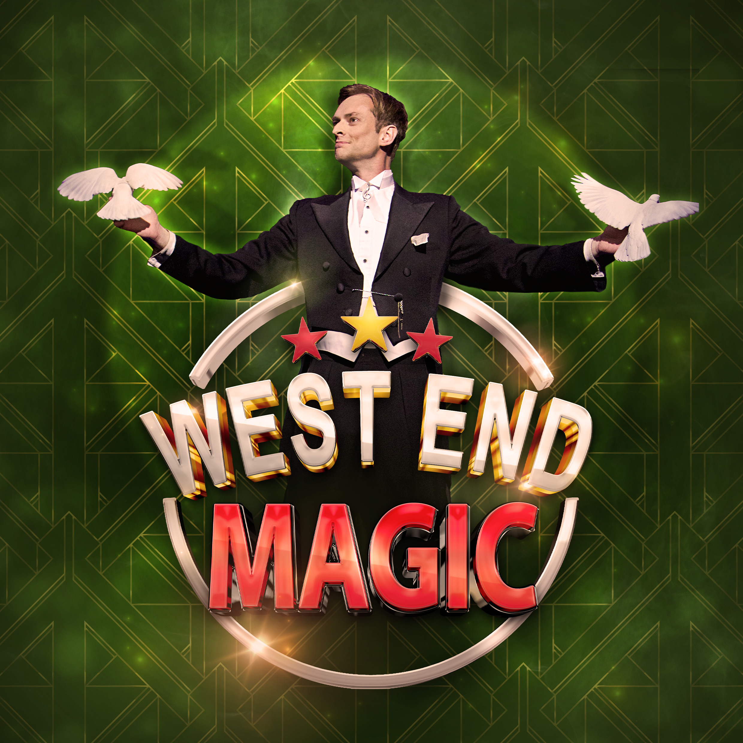 poster with a magician holding a white bird in each hand with a green background