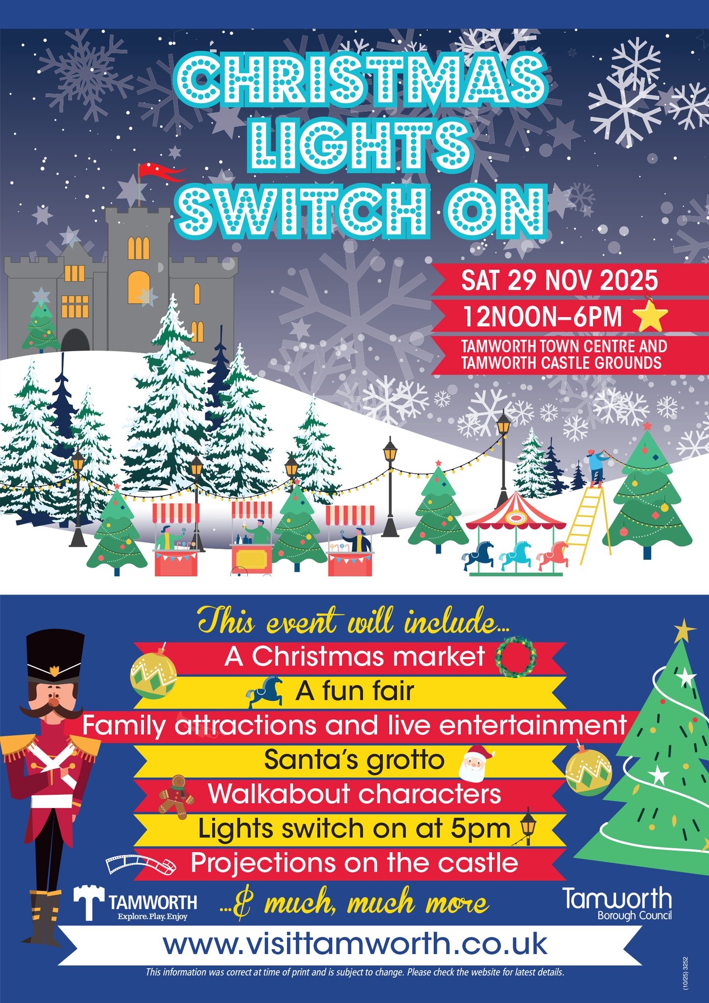 poster with Christmas trees, snow and details of a festive event