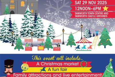 poster with Christmas trees, snow and details of a festive event
